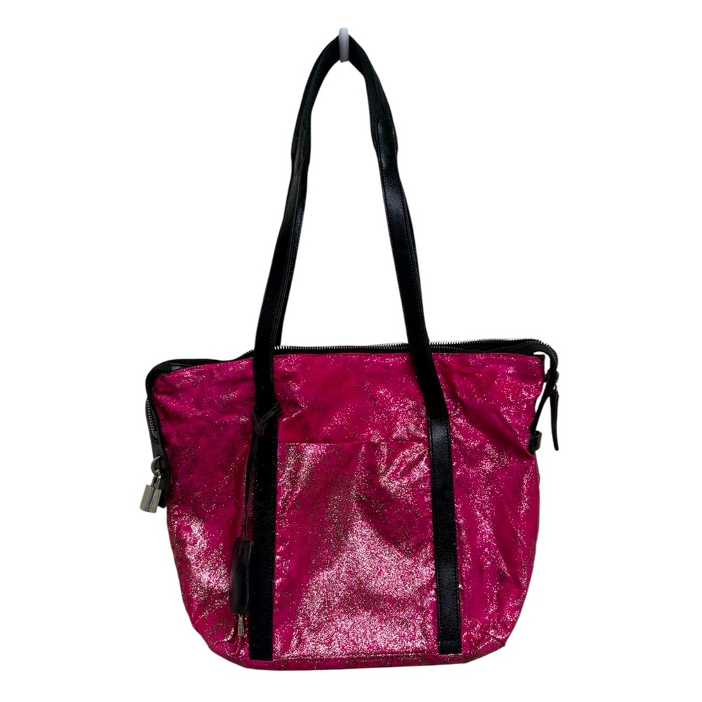 Prada Tessudo pink nylon black leather upcycled glitter zipper tote lock key GUC